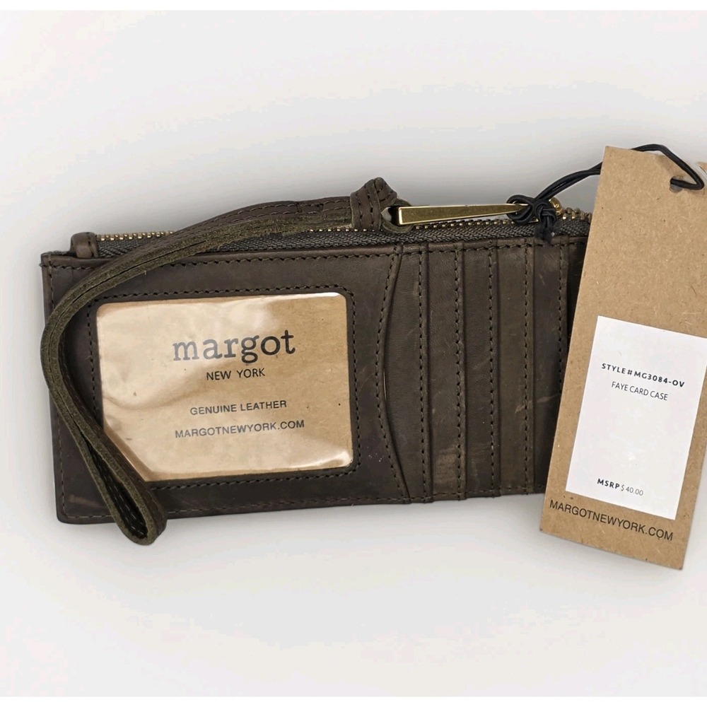 Margot slim leather Faye Card Case Wallet Wristlet NWT Bomber Brown Leather